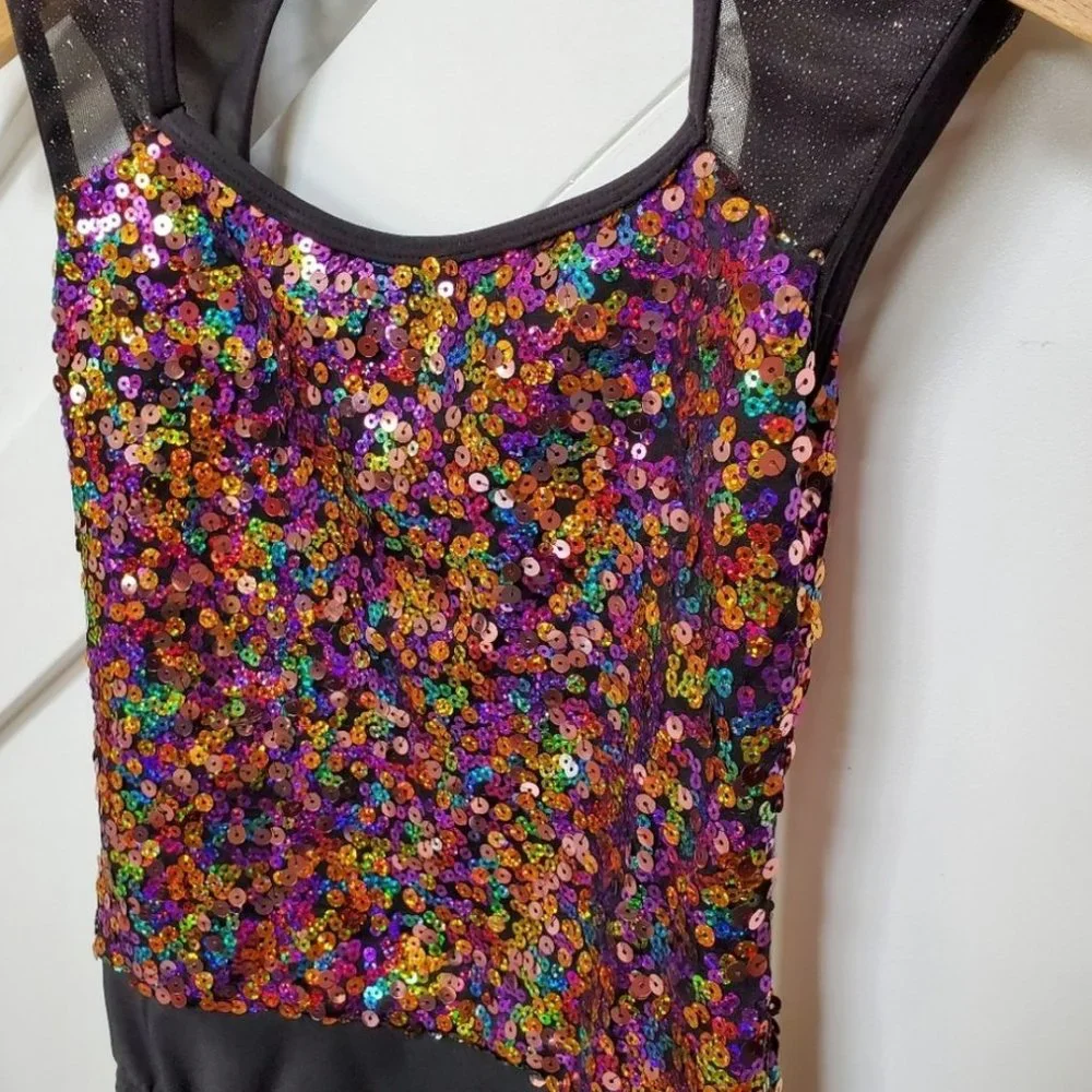 Dance costume leotard multi color sequence w. black sleeves and bottom